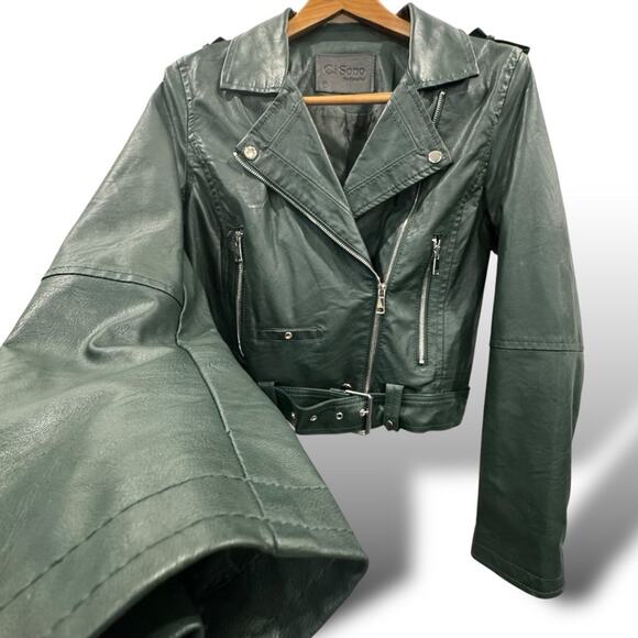CiSono by Cavalini Green Vegan Leather Moto Jacket Medium Hunter Green Jacket - Picture 1 of 16